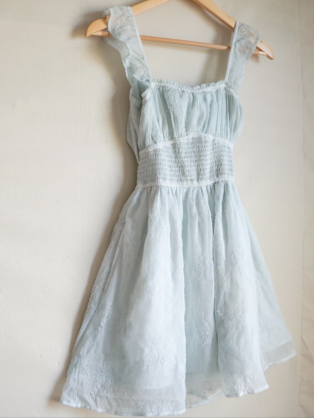 Hollister XS Light Blue Embroidered Smocked Tie Back Mini Dress